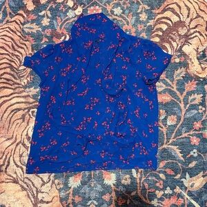 Ann Taylor Factory Blue Blouse with Red Floral Design